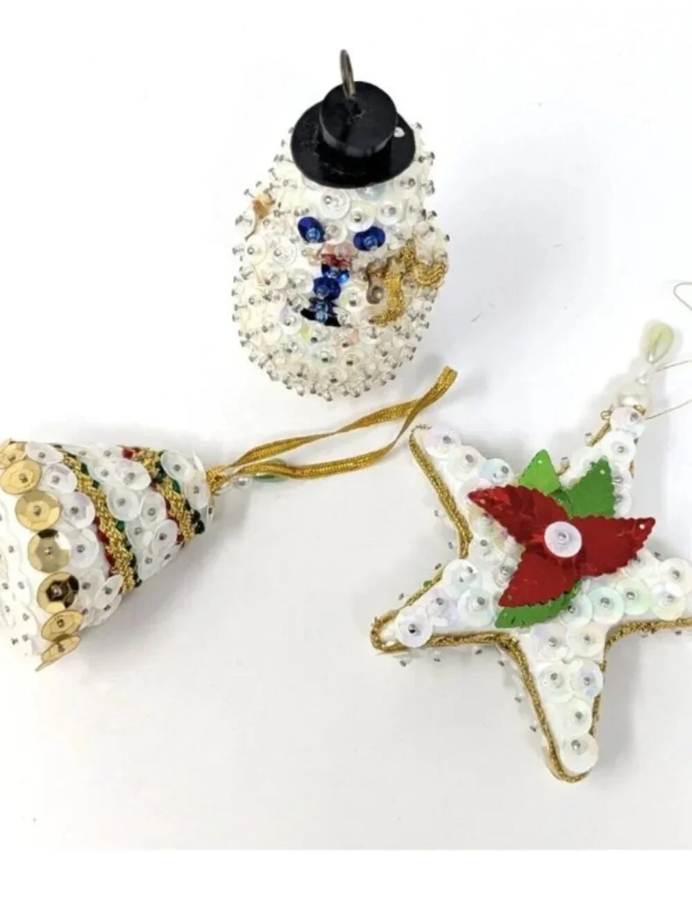 Vintage Handmade Push Pin Ornaments Bead Sequin White Set 3 Snowman Bell Star